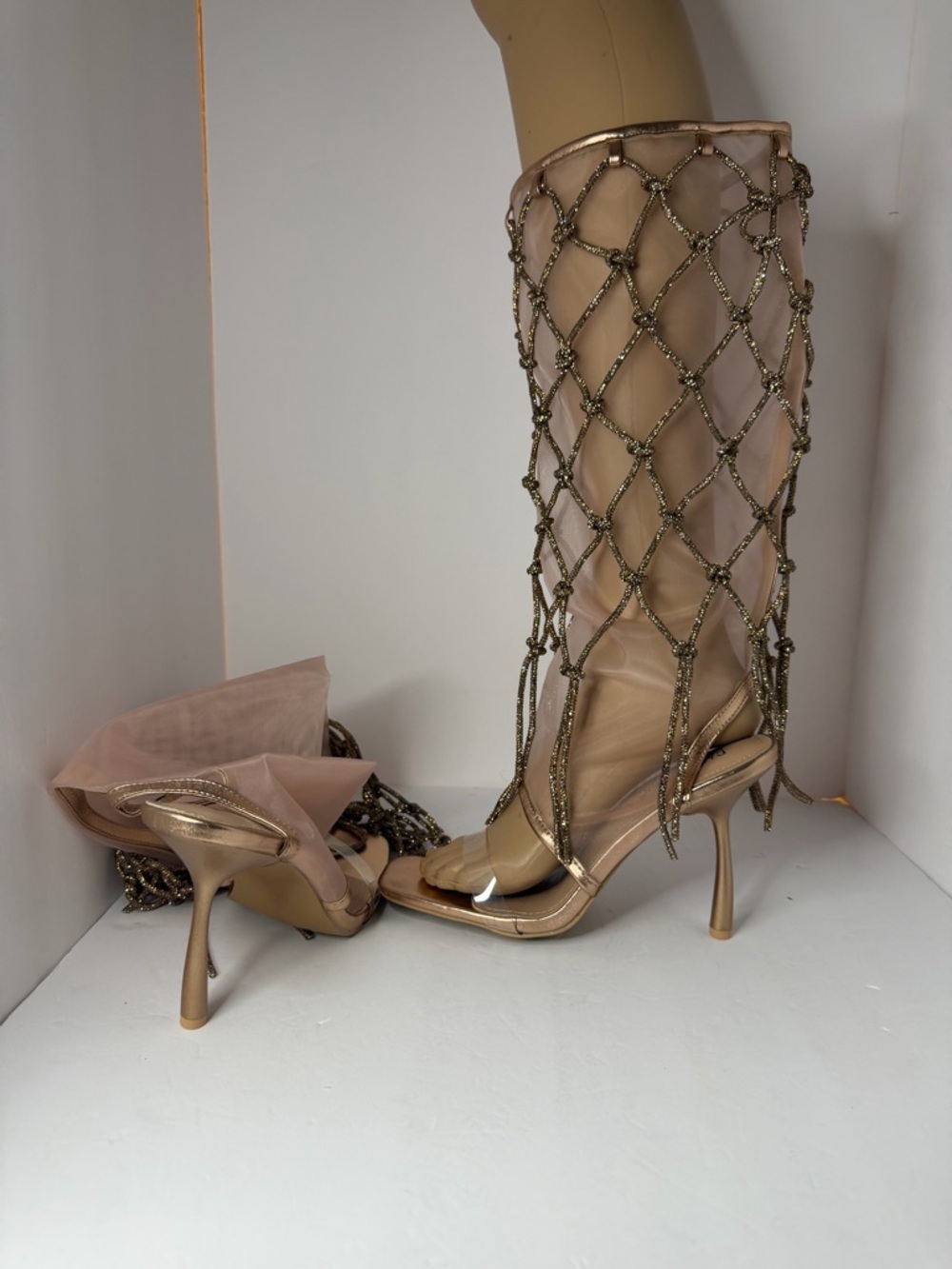 Cape Robbin Gold Mesh Rhinestone Knee High Heels Sandals